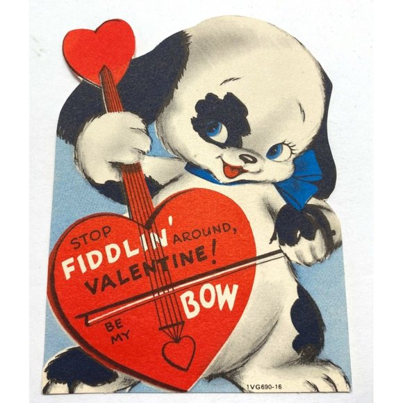 Anthropomorphic Dog Fiddler Valentine Greeting Card Vintage 1940s 4 Inch Diecut - Picture 3 of 4